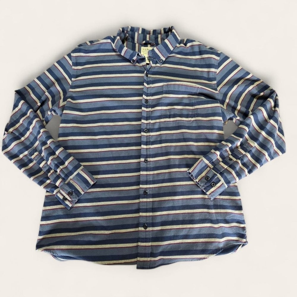LL Bean Mens Large Blue Striped Organic Cotton Blend Flannel‎ Shirt 512338 L-REG